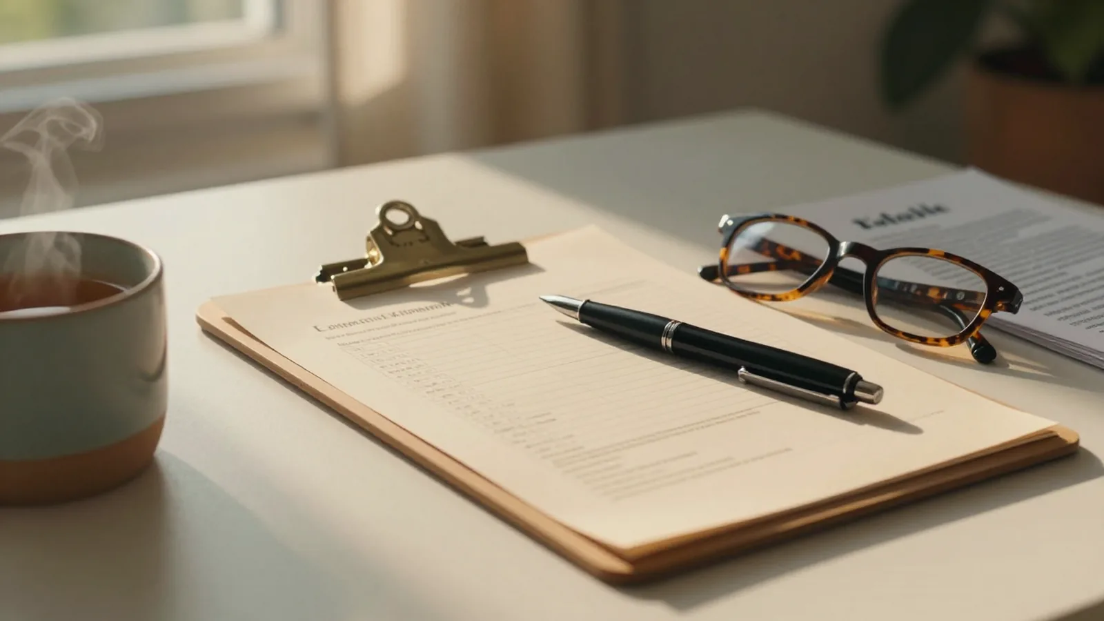 Begutachtungsformular für den Pflegegrad mit Stift und Lesebrille